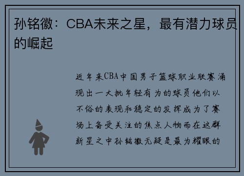 孙铭徽：CBA未来之星，最有潜力球员的崛起